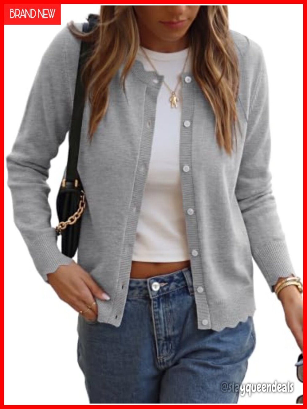 Women Lightweight Button Down Cardigan Long Sleeve Scalloped Trim Knit